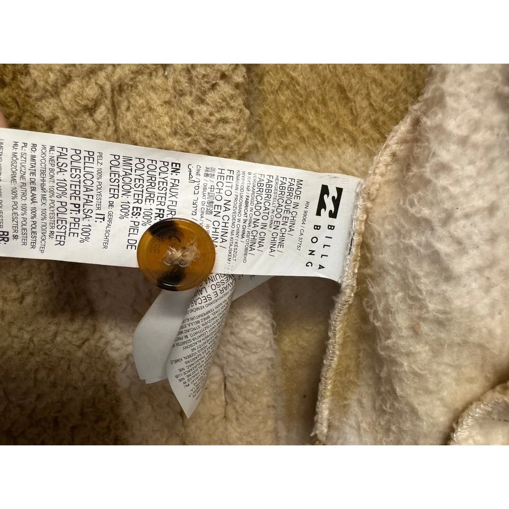 Billabong Cream Olive Plaid Sherpa Fleece Shacket Jacket Button Women's Small - Picture 8 of 9